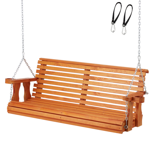 AECOJOY 6.5FT Wooden Porch Swing 2-Seater, Outdoor Porch Swing with Cupholders, Heavy Duty 800 LBS, Swing Bench for Outdoor