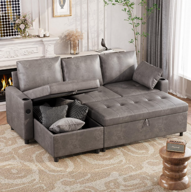 AECOJOY Sofa Bed, 3 in 1 Sleeper Sofa with Storage Chair, Faux Leather L Shape Couch, Sectional Pull Out Sofa Bed Mid Century Modern Couch for Living Room Clearance, Comfy Sleeper Couch in Grey