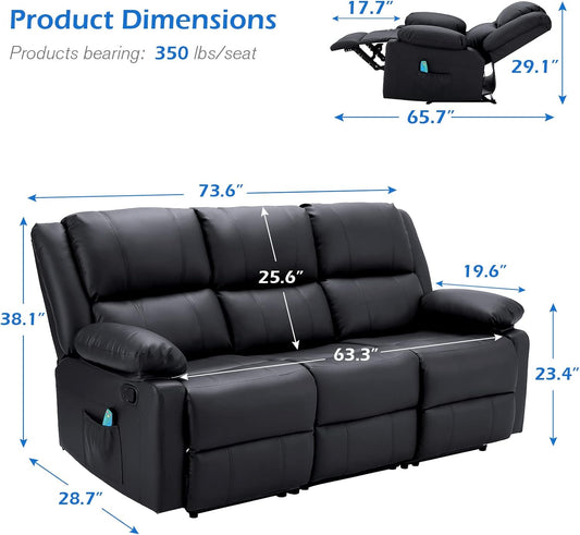 YODOLLA 3 Seat Leather Recliner Sofa with Massage Heated Function, Home Theater Seating Chair in Black