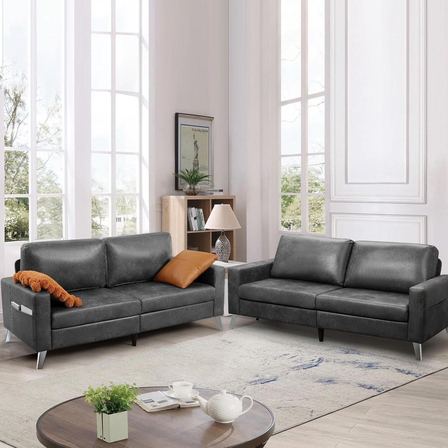 YODOLLA 79" Sectional Sofa Modern Loveseat Couch 3 Seater Faux Leather Living Room Furniture - Gray