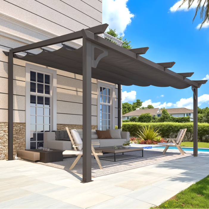 AECOJOY 14' x 10' Outdoor Retractable Pergola with Canopy, Aluminum Pergola Patio Grill Gazebo w/ Drainage Holes & Windproof Hooks