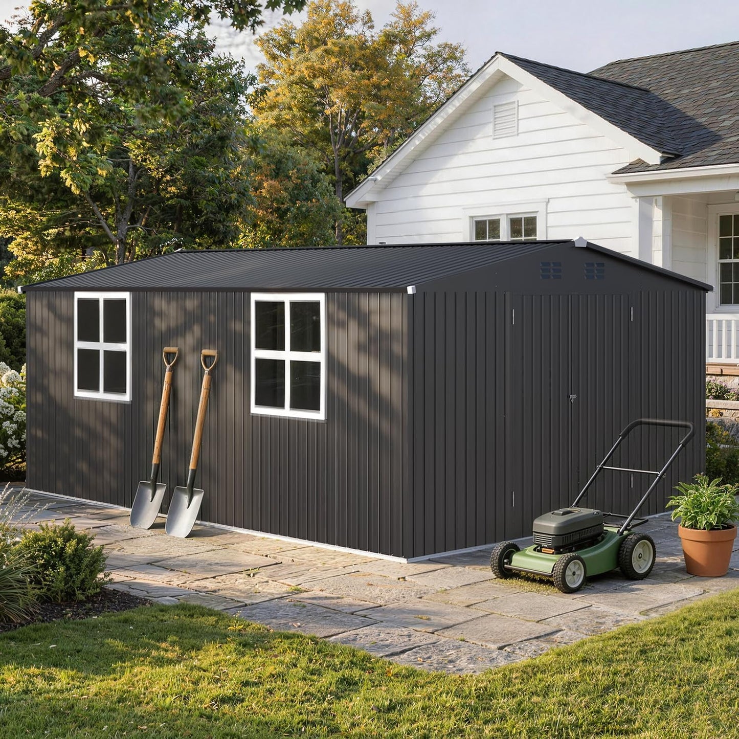 YODOLLA 18' x 12' Metal Outdoor Storage Shed with Windows, Large Steel Tool Shed Clearance Storage Building for Garden, Patio, Backyard in Dark Grey