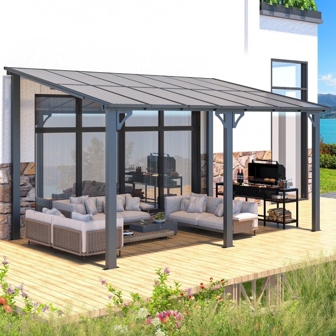YODOLLA 8' x 14' Hardtop Gazebo Outdoor Aluminum Pergola For Garden, Patio, Backyard-Dark Grey