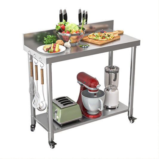 AECOJOY 49"x18" Stainless Steel Table with Shelves, Food Prep Table for Commercial Worktables & Workstations with 2 Adjustable Tier Overshelves