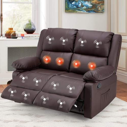 YODOLLA 2 Seat Leather Recliner Sofa with Massage Heated Function, Home Theater Seating Loveseat Chair in Brown