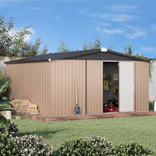 AECOJOY 12' x 12' Outdoor Metal Storage Shed with Lockable Door for Backyard& Patio, Outside use