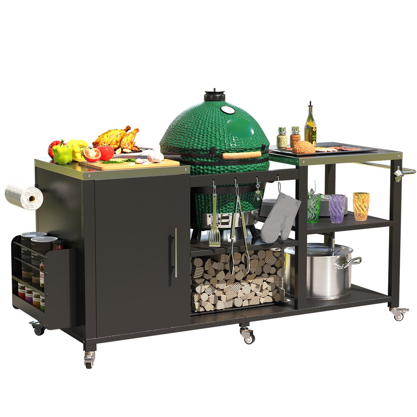 AECOJOY Outdoor Grill Cart for Kamado Grill, Heavy-Duty Metal BBQ Station with Storage Cabinet, Grill Table for Big Green Egg and Kamado Joe Classic, Rolling Grill Table for Patio Backyard