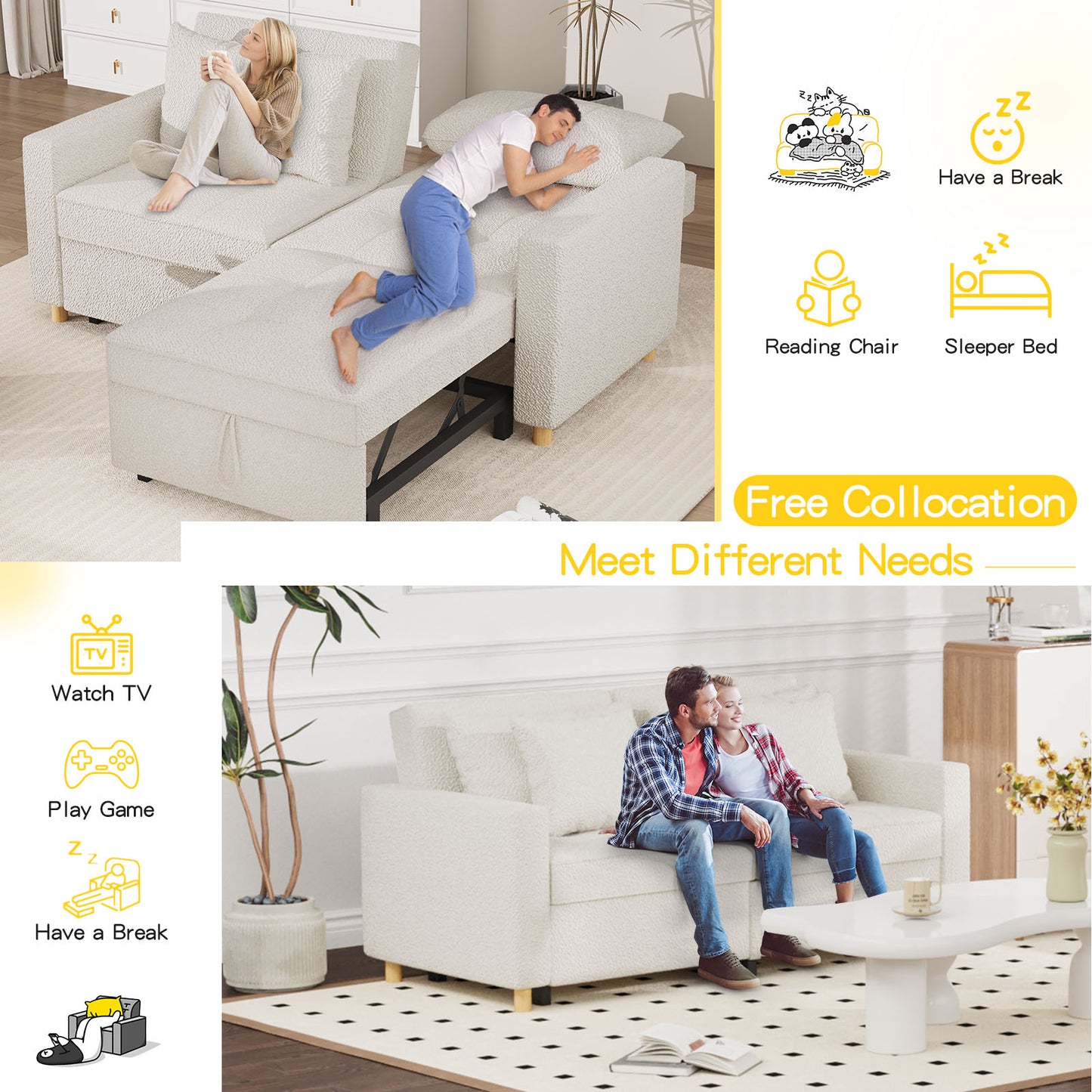 YODOLLA 71" Sleeper Sofa Bed & 3-in-1 Futon Pull Out Couch for Living Room & Bedroom, Convertible Loveseat in Teddy Velvet White sofa bed