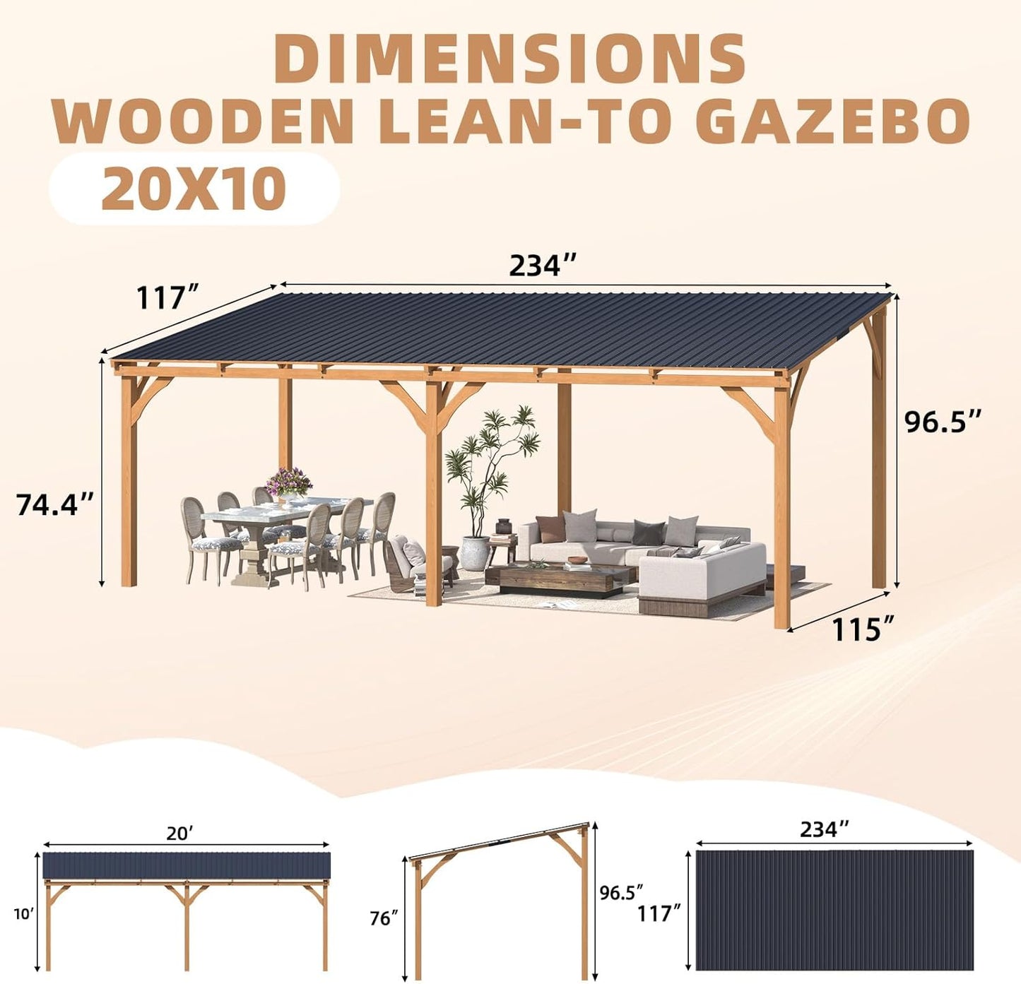 YODOLLA 20' x 10' Wall-Mounted Outdoor Wood Gazebo, Hardtop Cedar Pergola with Heavy-Duty Awnings for Patio, Deck, Backyard