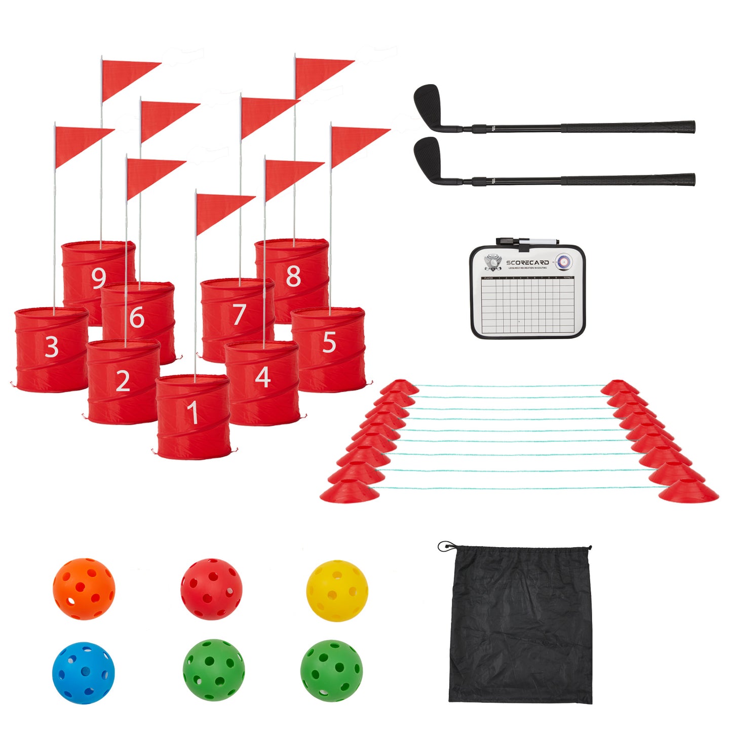 YODOLLA 9-Hole Bucket Golf Game Set with 2 Clubs, Portable Outdoor Indoor Golf Game for Beach Backyard Lawn, Red