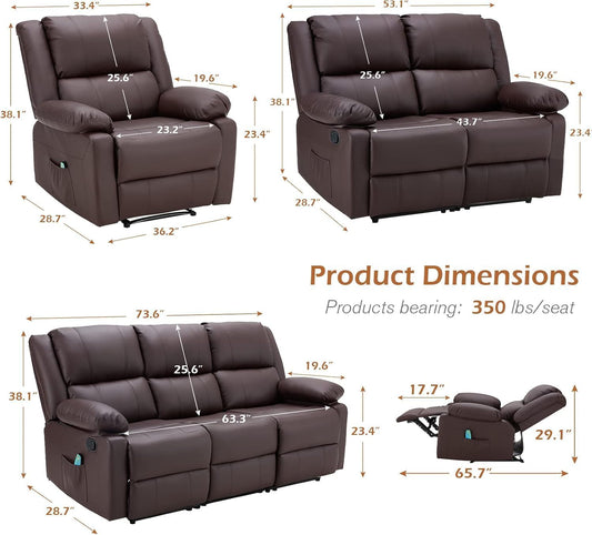 YODOLLA 3 Pieces Recliner Sofa Set with Massage Heated Function, Home Theater Seating Leather Couch Set with Side Pockets, Brown