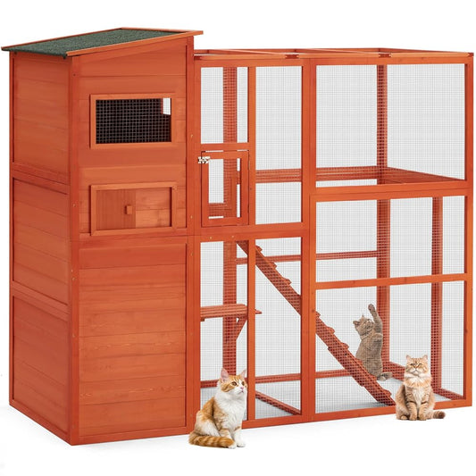 YODOLLA 70'' H Large Wooden Catio Outdoor Cat Enclosure Walk-in Cat House with Run Cat Cage, Catio Playpen for Lounging, Wooden House, Orange