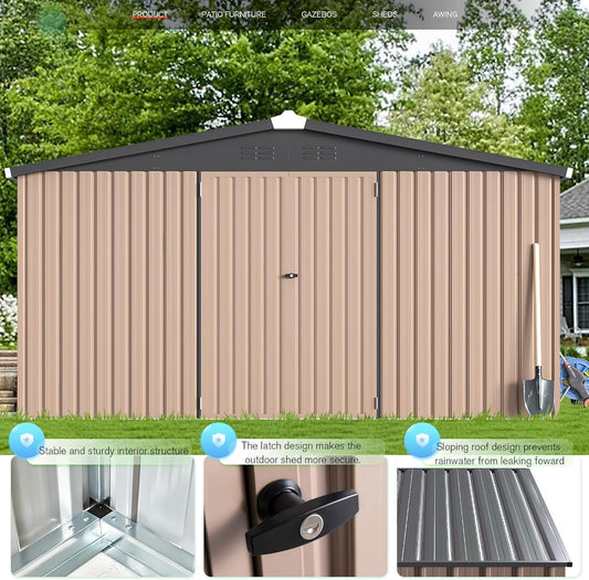 YODOLLA 12 x 12 ft. Outdoor Metal Storage Shed with Sliding Roof & Lockable Door in Brown for Patio, Garden& Backyard