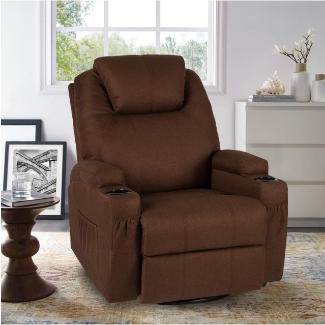 AECOJOY Recliner Chair Clearance Massage Chair Swivel Rocker Recliner with Heated 360° Swivel Recliner Single Sofa Seat with Cup Holders for Living Room,Brown