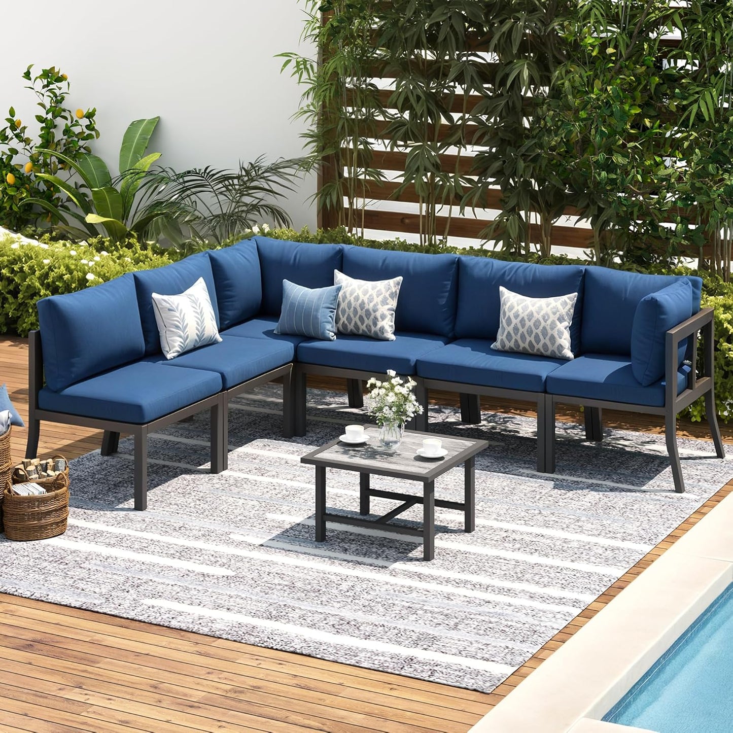 AECOJOY 7 Pieces Patio Furniture Set Outdoor Metal Conversation Sets Sectional Furniture with Cushions and Wooden Table for Backyard