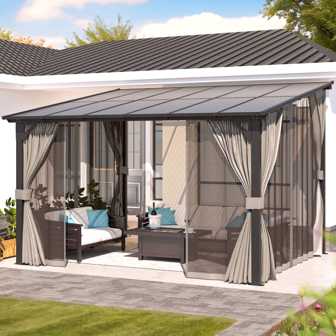 YODOLLA 12' x 10' Hardtop Gazebo Outdoor Wall-Mounted Lean to Gazebo with Netting and Curtain Aluminum Metal Pergola For Garden, Patio, Backyard-Dark Gray