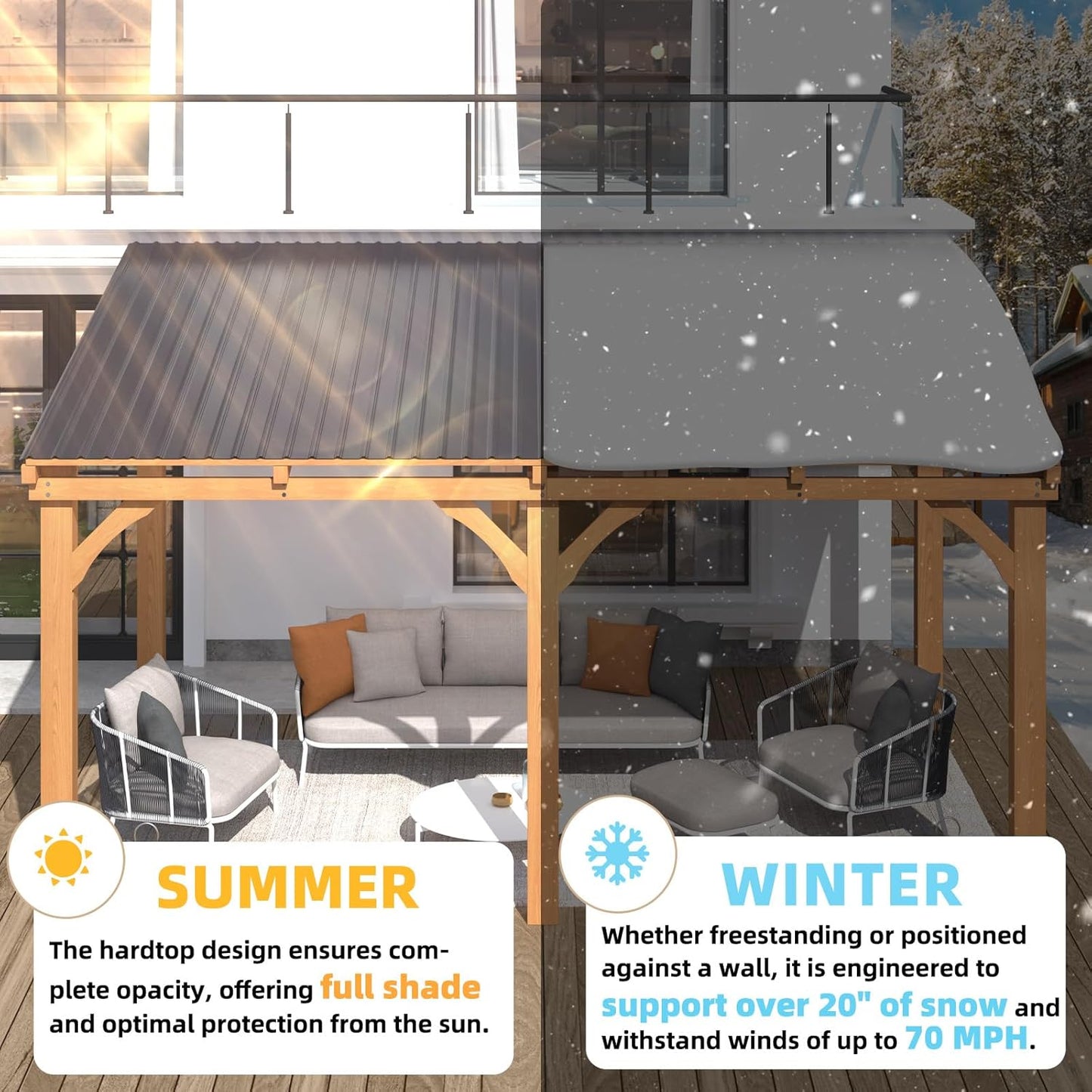 YODOLLA 16' x 10' Wall-Mounted Outdoor Wood Gazebo, Hardtop Cedar Pergola with Heavy-Duty Awnings for Patio, Deck, Backyard