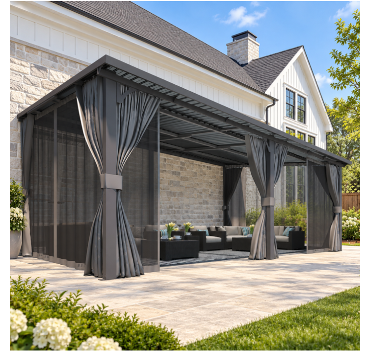 YODOLLA 14x8ft Wall-Mounted Hardtop Gazebo with Curtains and Netting, Heavy Duty Outdoor Pergola for Patio and Deck