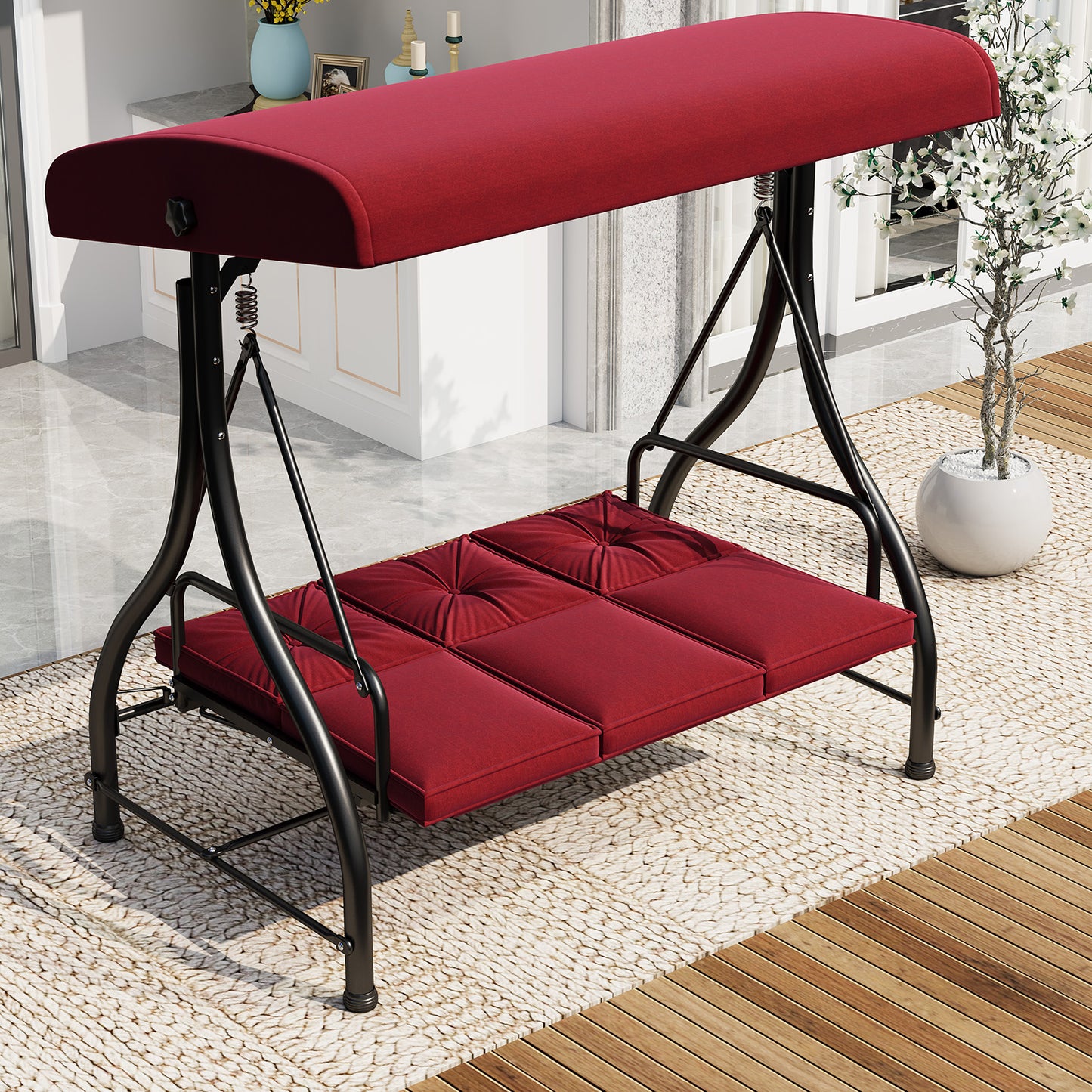 AECOJOY 3 Person Steel Outdoor Patio Canopy Adjustable Steel Porch Swing Chair with Cover, Red