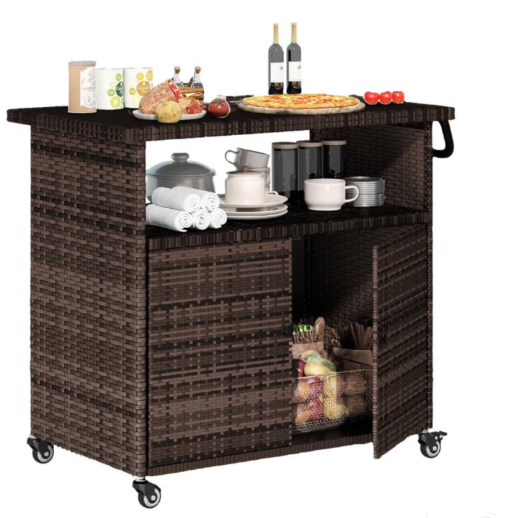 AECOJOY Patio Wicker Bar Tables with Wheels&Shelf Patio Serving Table Outdoor Storage Cabinet Outdoor Bar Cart, Brown