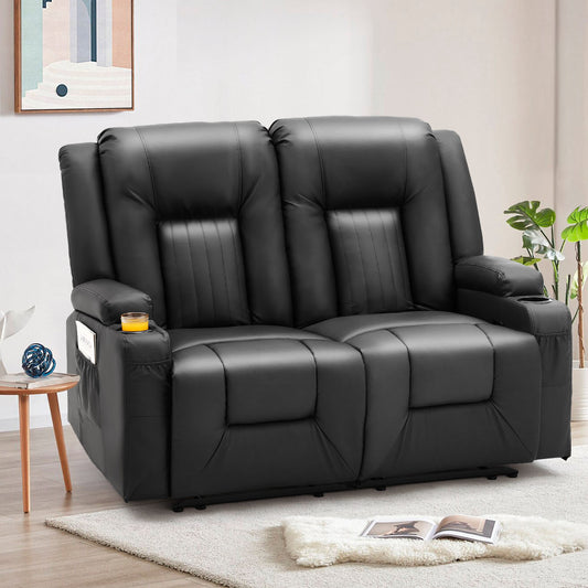 YODOLLA Manual Reclining Loveseat with Cup Holders&Side Pockets, PU Leather Double Recliner Loveseat Home Theater Seating-Black