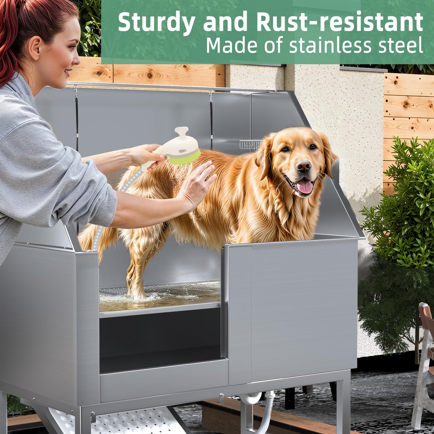 YODOLLA 50” Professional Stainless Steel Dog Washing Station for Large, Medium, and Small Dogs, Height Adjustable Dog Bathtub with Ramp, Pet Grooming Bath Tub for Indoor Outdoor, Left Door