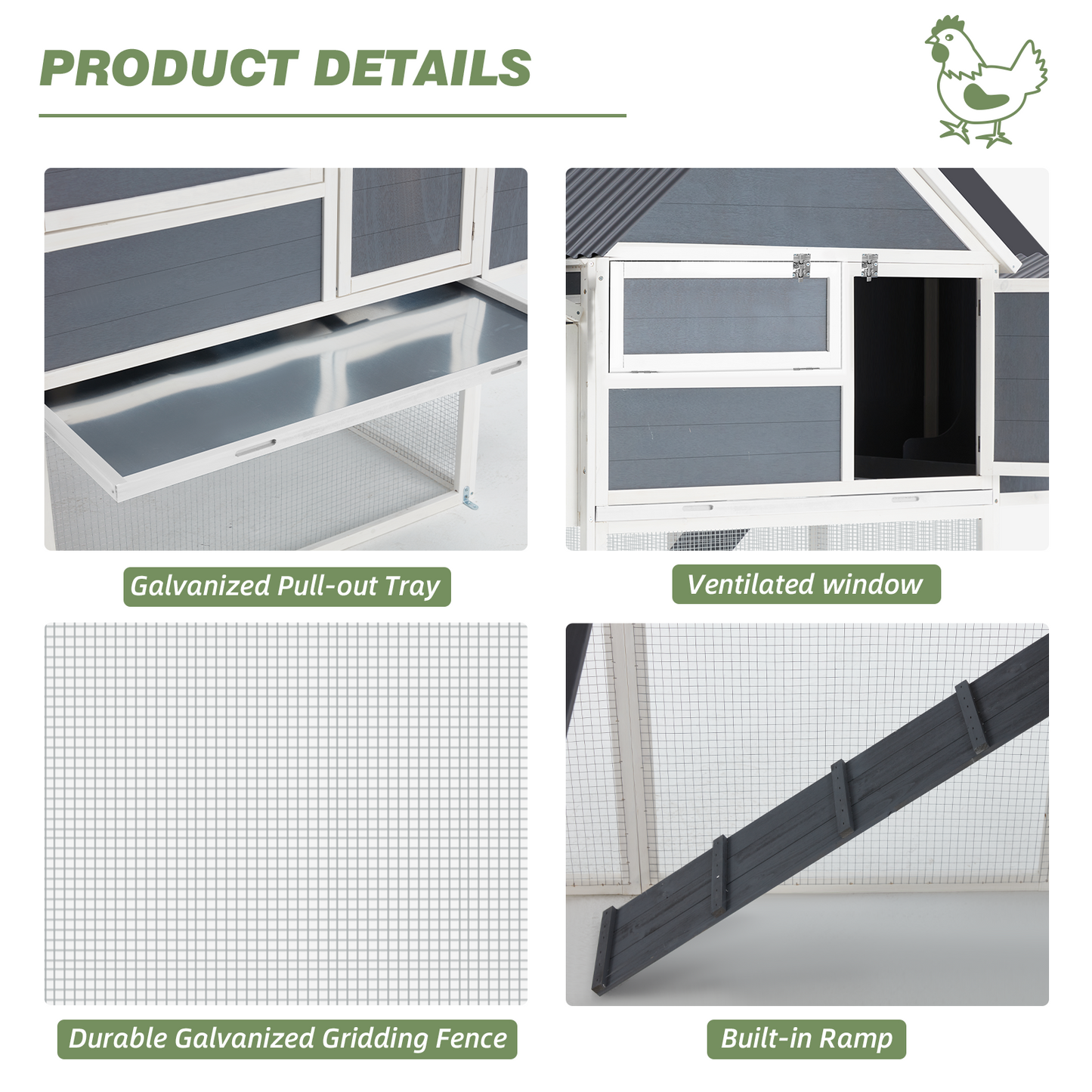 YODOLLA 84” Outdoor Large Chicken Coop, Wooden Hen House Poultry Cage for 10 Chickens Walk in Chicken House with Run, Grey
