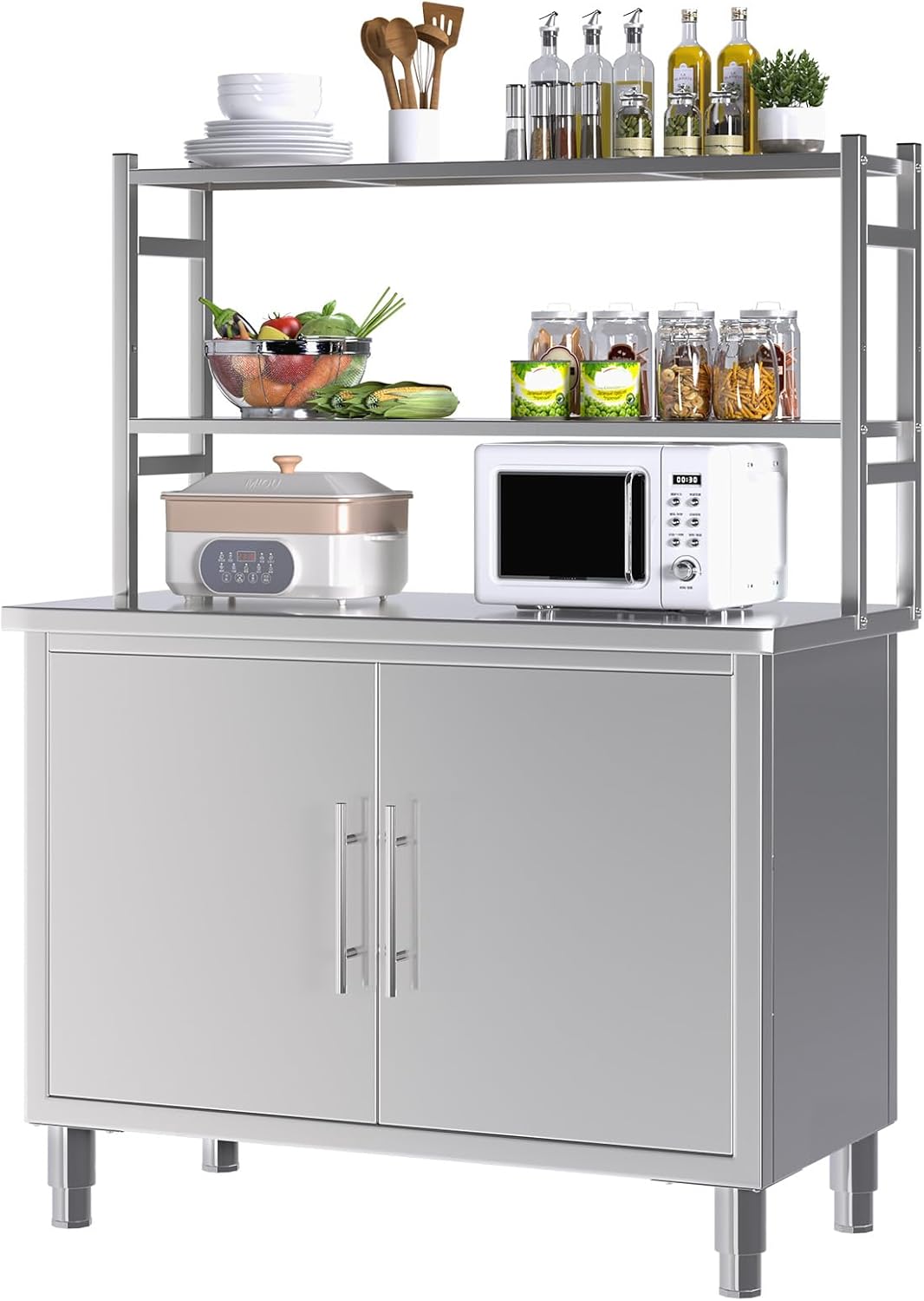 AECOJOY 39"x19" Stainless Steel Prep Table with Cabinet, Heavy-Duty Work Table with 2 Adjustable Overshelves for Kitchen Restaurant Garage, Metal Storage Cabinet for Food Prep & Equipment