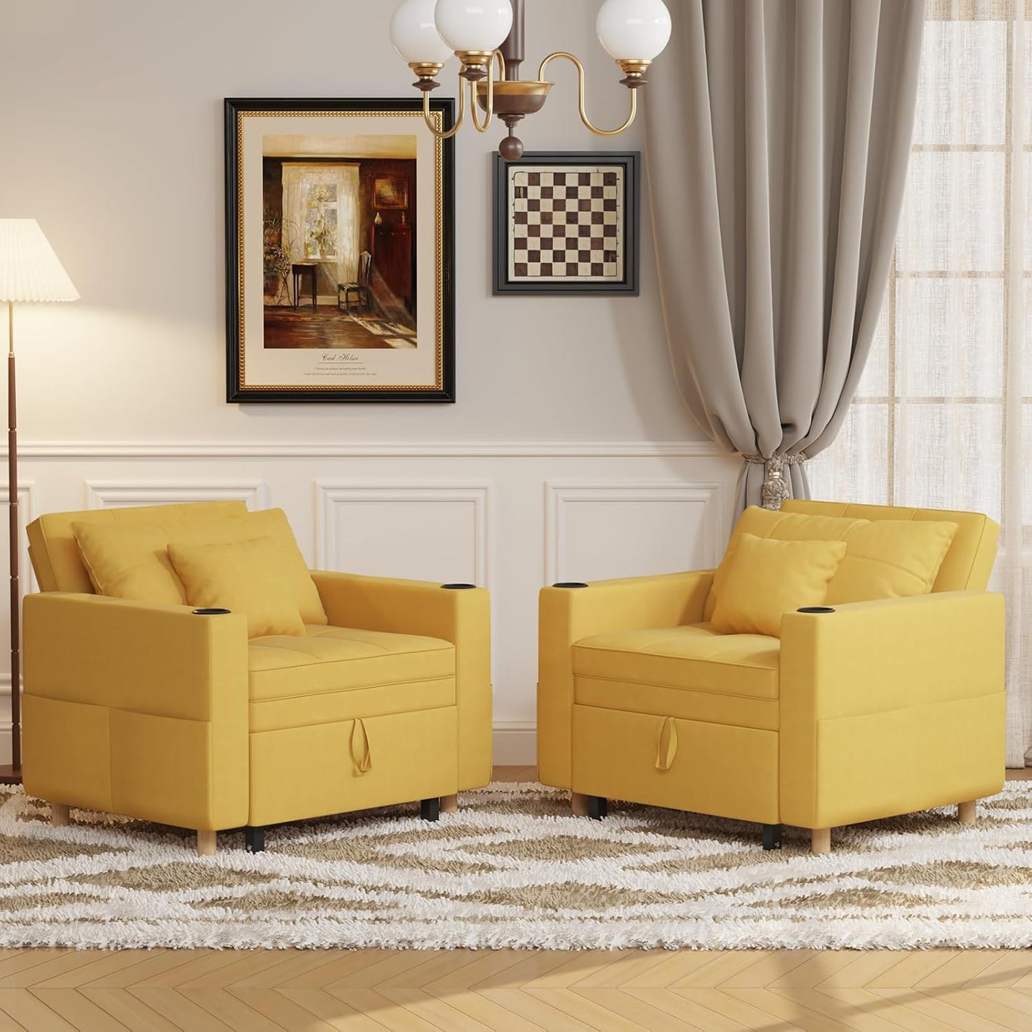 YODOLLA Sleeper Chair, 38" Extra-Wide 3-in-1 Convertible Pull-Out Single Sofa with Adjustable Backrest and Cup Holder, Yellow(One Set)