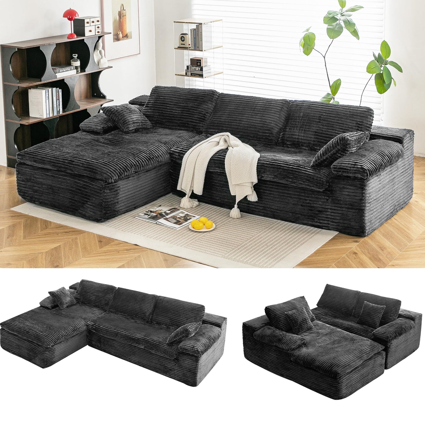 YODOLLA 110" L Shaped Modular Sectional Sofa for Living Room, Cloud Boneless Couch with Fluffy Seat Cushion, No Assembly Required, Corduroy, Black