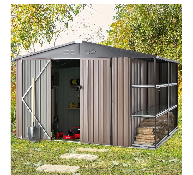 YODOLLA 8' x 10' Outdoor Storage Shed with Firewood Log Rack, Metal Utility Tool Shed with Shelves for Backyard & Garden