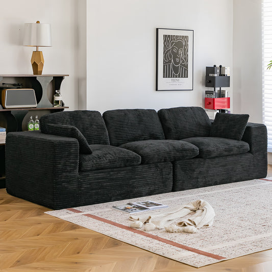 YODOLLA 110" Oversized Boneless Couch for Living Room,Cloud Sectional Sofa with Fluffy Corduroy Seat Cushions, 3 Seater Upholstered Floor Sofa, No Assembly Required, Black