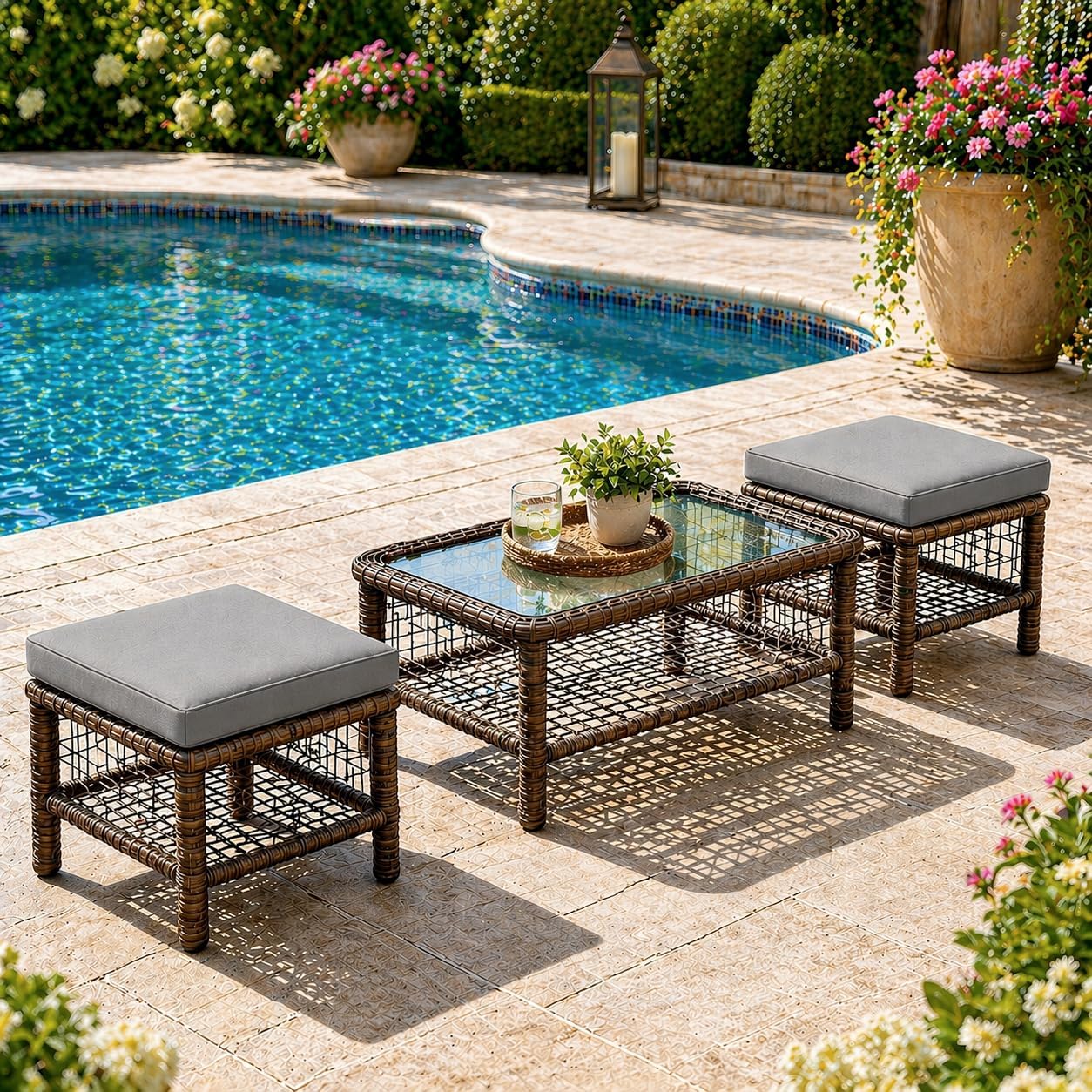 YODOLLA Dark Grey Wicker Outdoor Conversation Set, 3 Pieces with 2 Ottomans & Central Table