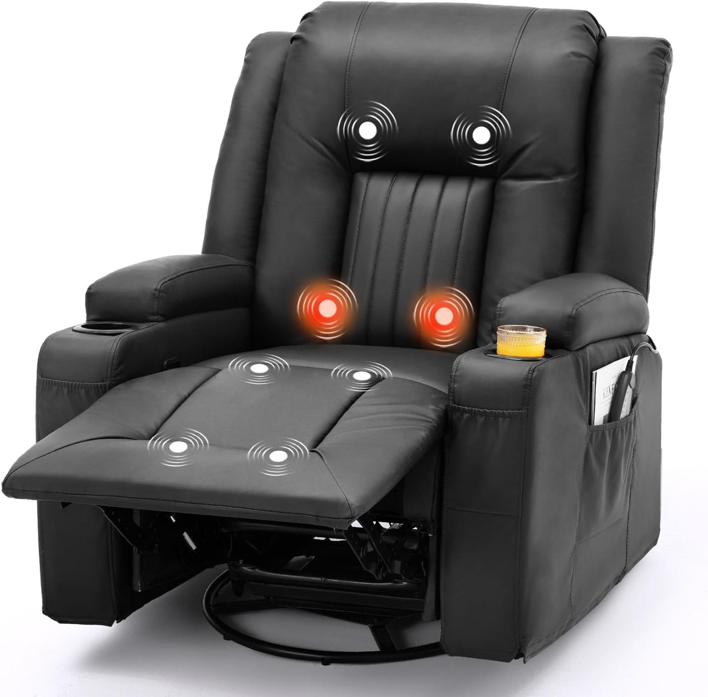 AECOJOY Massage Manual Recliner Chair with Heat and Vibration Massage, PU Leather Swivel Rocker Recliner Chair for Adults with 2 Cup Holders, Remote Control-Black