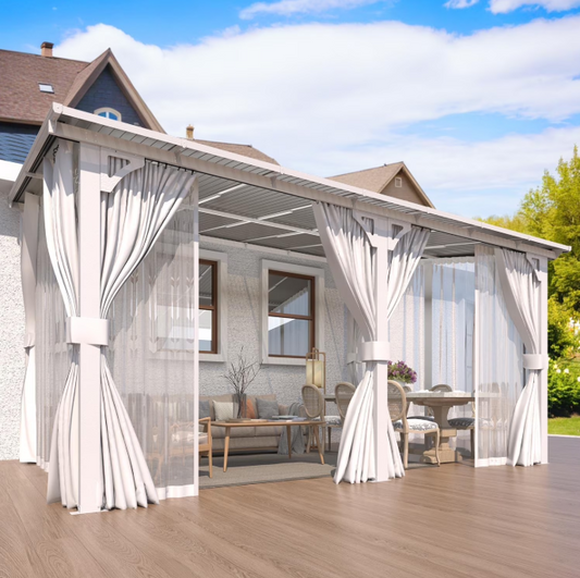 AECOJOY 14' x 10' Outdoor Lean to Gazebo on Clearance for Patio, Hard Top Wall Mounted Gazebo Pergola with Curtains and Mosquito Netting, Large Heavy Duty Metal Awnings for Patio, Decks in White