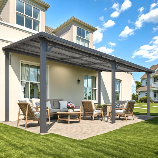 AECOJOY 16' x 10' Hardtop Pergola Gazebo, Wall-Mounted Heavy-Duty Lean-To Metal Awning with Galvanized Steel Roof for Patio Outdoor Use