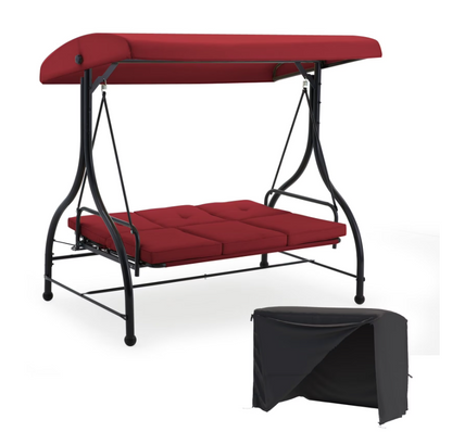 AECOJOY 3 Person Steel Outdoor Patio Canopy Adjustable Steel Porch Swing Chair with Cover, Red