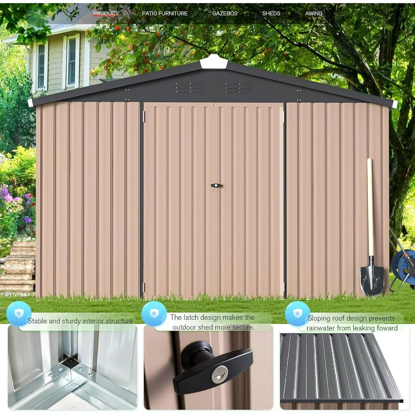 AECOJOY 10' x 14' Outdoor Storage Shed with Lockable Door Patio Metal Garden Storage Building in Brown for Outside
