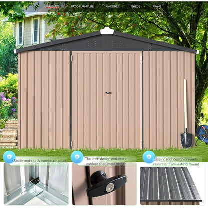 AECOJOY 10' x 14' Outdoor Storage Shed with Lockable Door Patio Metal Garden Storage Building in Brown for Outside