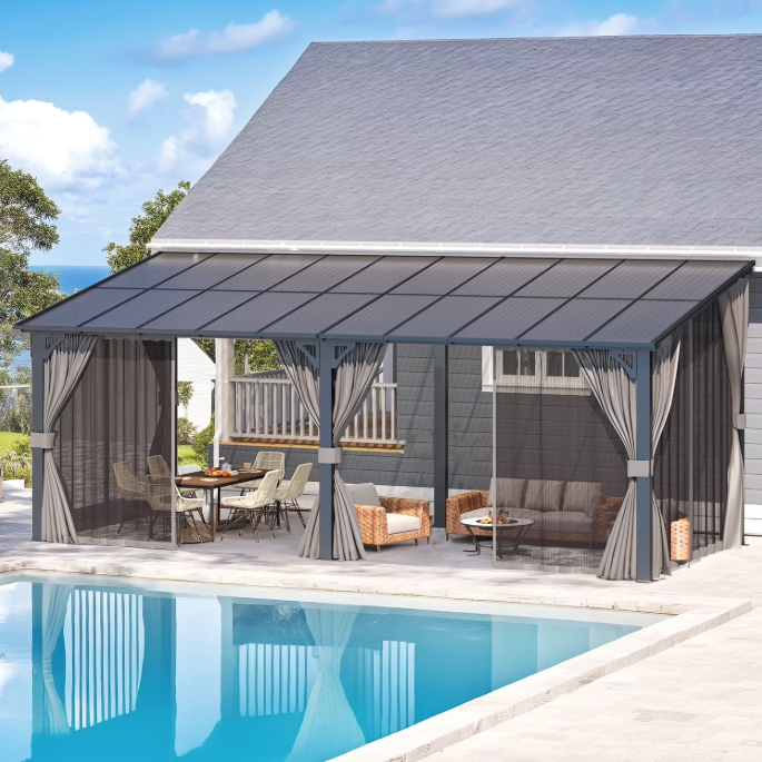 AECOJOY 20' x 8' Outdoor Hardtop Gazebo With Mosquito Net, Pergola for Garden, Patio, Backyard-Black