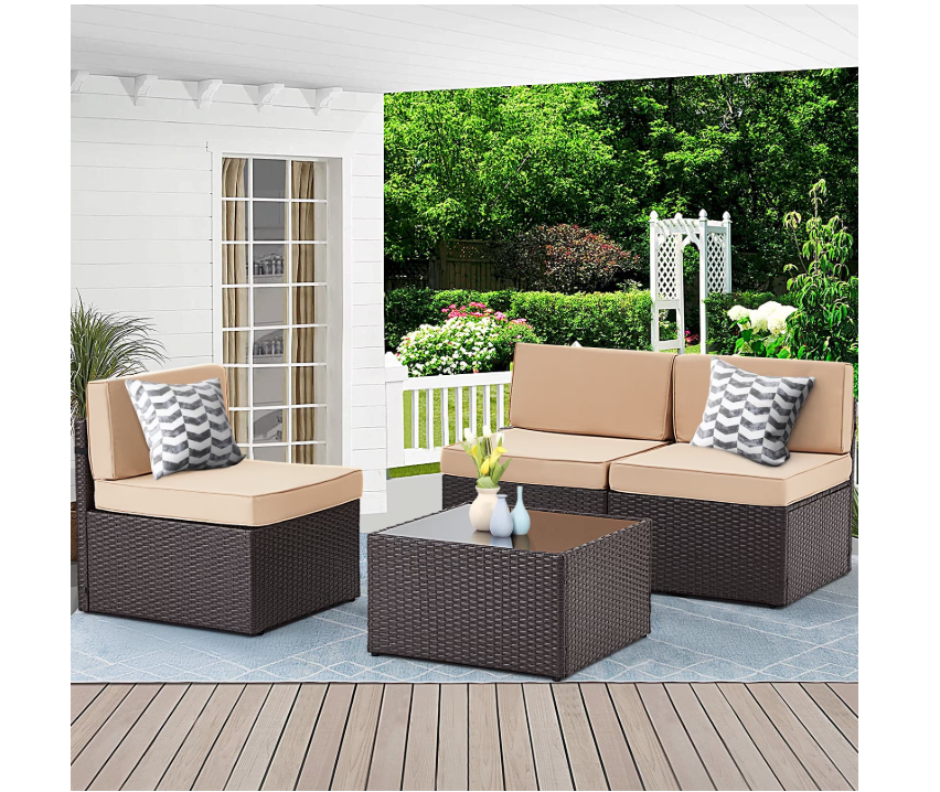 Danrelax 4 Piece Outdoor Patio Furniture Set, Outdoor Sectional Conversation Furniture Chair with Coffee Table,Patio Sectional for Garden,Backyard(Khaki Cushions and Brown PE Rattan)