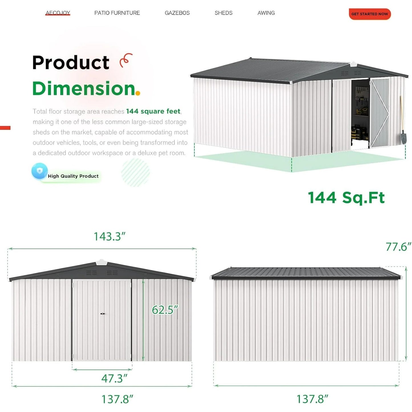 AECOJOY 12' x 12' Outdoor Storage Shed with Lockable Door Patio Metal Garden Storage Building in White for Outside