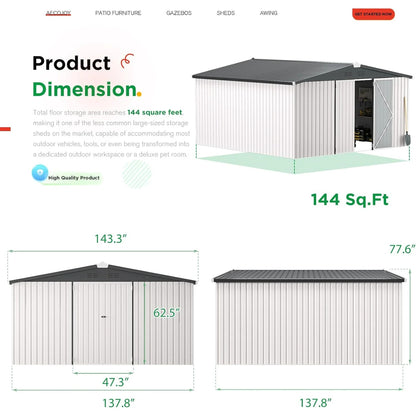 AECOJOY 12' x 12' Outdoor Storage Shed with Lockable Door Patio Metal Garden Storage Building in White for Outside