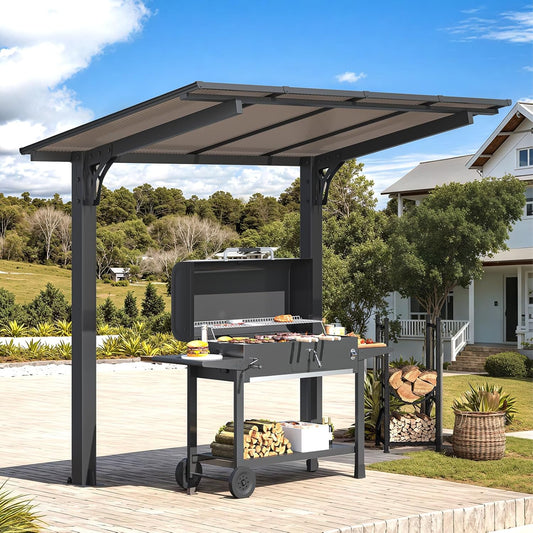 AECOJOY 8' x 5' Lean to Grill Gazebo Hardtop Outdoor Pergola for Patio, Freestanding Carport Pergolas and Gazebos Clearance with Steel Patio Roof, Small Heavy Duty Metal Awnings for Decks