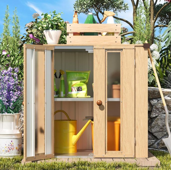 YODOLLA Wood Grian Outdoor Storage Cabinet with Shelves, 74 Gallon Weather Resistant Garden Storage Shed, Vertical Metal Storage Organizer with Translucent Doors for Patio, Backyard and Garden