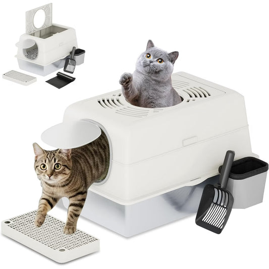 Extra Large Enclosed Stainless Steel Cat Litter Box with Lid, Front Dual-Door and Top Exit Metal Kitty Litter Pan Box for Big Cats, with Litter Scoop, Box Step, Waste Bin & Trash Bags, White