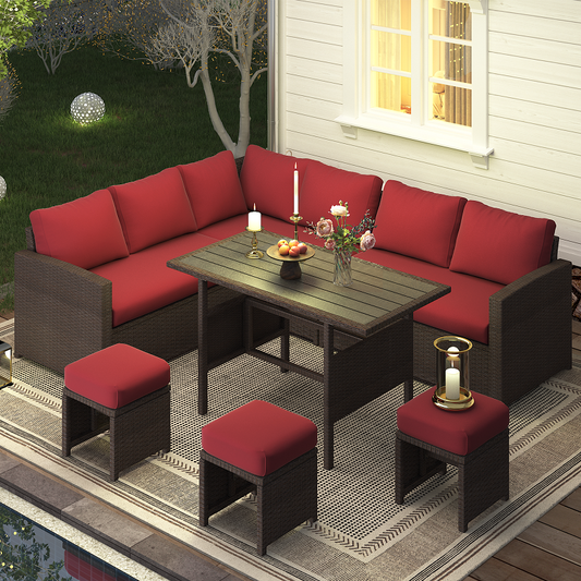 AECOJOY 7 Piece Patio Furniture Set PE Rattan Outdoor Dining Set Sectional Sofa Couch with Table Patio Conversation Set in Wine Red