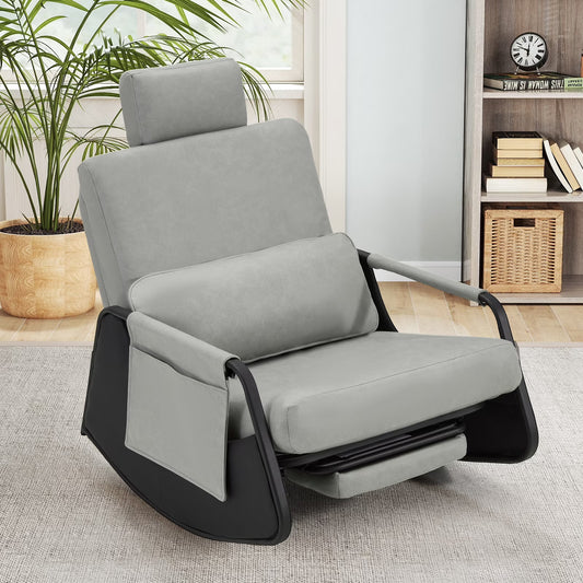 YODOLLA Rocking Accent Chair with Pull-out Footrest , Glider Recliner 3-Position Adjustable Backrest with Side Pocket , Dark Gray