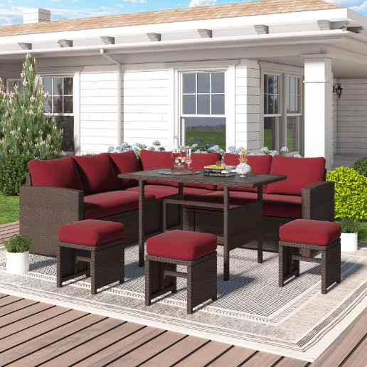 YODOLLA 7-Piece Patio Funiture Set on Sale, Outdoor Sectional Sofa Couch with Dining Table, Patio Conversation Set in Brown Wicker& Wine Red Cushions