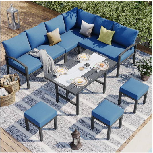 YODOLLA 7 Pieces Metal Patio Furniture Sets with Waterproof Cover Outdoor Conversation Set with Dining Table and Chair, Dark Blue